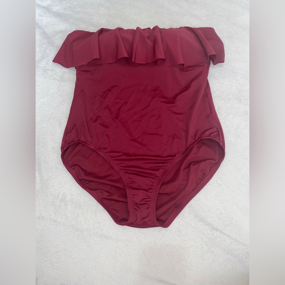 Time and Tru Burgundy Ruffled One Piece Swimsuit